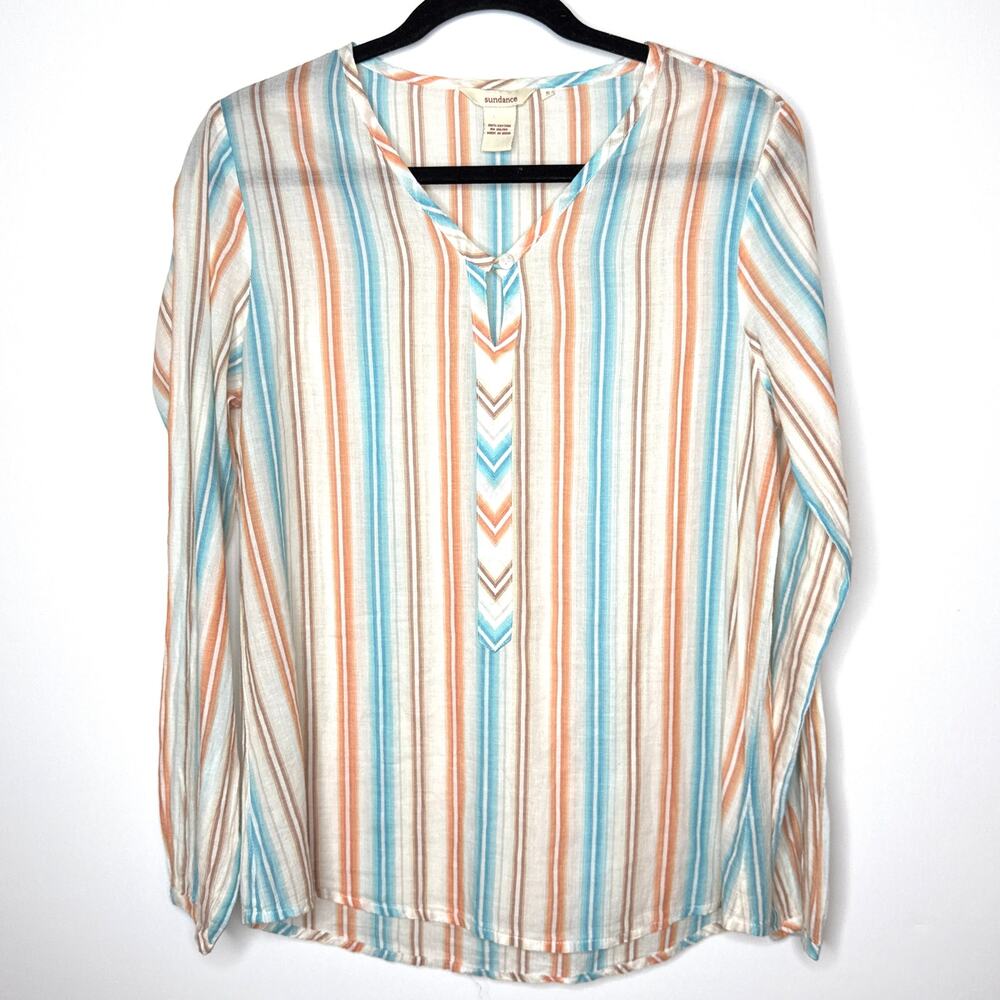 Sundance‎ Long Sleeve Striped Cotton V-Neck Top Size Small Boho Country Western